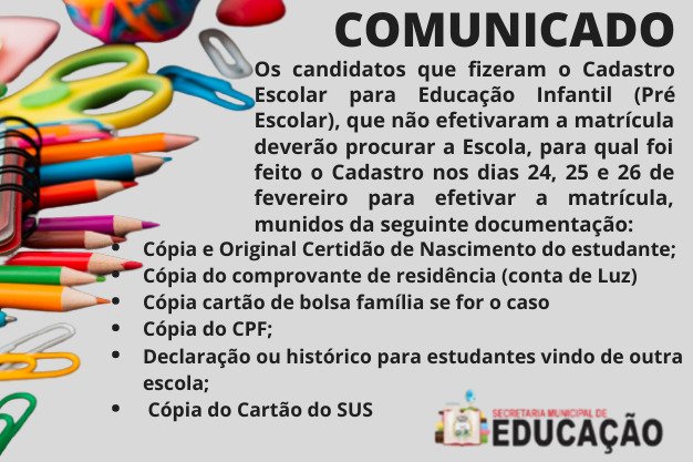 Comunicado sobre efetivação de matrícula - Prefeitura Municipal de